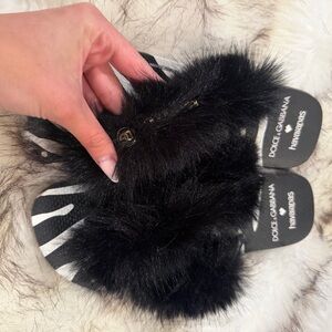 Dolce & Gabbana Black Fur Flip Flops